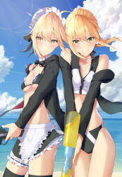 Rule 34 | 2girls, absurdres, apron, artoria pendragon (alter swimsuit rider) (fate), artoria pendragon (alter swimsuit rider) (second ascension) (fate), artoria pendragon (fate), artoria pendragon (swimsuit archer) (fate), artoria pendragon (swimsuit archer) (second ascension) (fate), beach, bikini, black bikini, black bow, black bowtie, black jacket, blonde hair, blue sky, blush, bow, bowtie, breasts, cloak, closed mouth, cloud, commentary request, day, detached collar, dual persona, fate/grand order, fate (series), floating hair, fukuidesu0110, green eyes, gun, hair between eyes, hair ribbon, highres, holding, holding gun, holding water gun, holding weapon, jacket, looking at viewer, low ponytail, maid, maid headdress, multiple girls, ocean, open cloak, open clothes, open jacket, outdoors, ribbon, sand, short hair, sky, small breasts, smile, swimsuit, two-tone bikini, waist apron, water, water gun, weapon, wet, white apron, white bikini