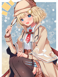 Rule 34 | 1girl, :d, blonde hair, blue eyes, blush, bob cut, breasts, brown hat, capelet, coat, collared shirt, deerstalker, detective, hair ornament, hat, high-waist skirt, highres, holding, holding magnifying glass, hololive, hololive english, large breasts, looking at viewer, magnifying glass, mi taro333, monocle, necktie, notice lines, open mouth, plaid, plaid skirt, red necktie, shirt, short hair, skirt, smile, solo, syringe, syringe holster, thighhighs, trench coat, virtual youtuber, watson amelia, watson amelia (1st costume), white shirt, wing collar