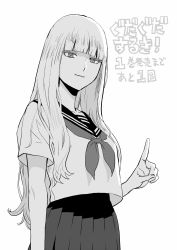 Rule 34 | 1girl, blunt bangs, copyright request, greyscale, highres, long hair, looking at viewer, monochrome, neckerchief, peco (pockleberry), pleated skirt, pointing, pointing up, school uniform, serafuku, simple background, skirt, smile, solo, translation request, white background
