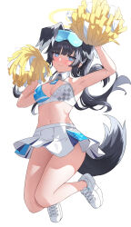 Rule 34 | 1girl, absurdres, animal ears, armpits, arms up, black hair, blue archive, blue eyes, blush, breasts, cheerleader, cleavage, closed mouth, collar, commentary, dog ears, dog girl, dog tail, full body, goggles, goggles on head, halo, hibiki (blue archive), hibiki (cheer squad) (blue archive), highres, holding, holding pom poms, kurageumisawa, legs up, long hair, looking at viewer, medium breasts, midair, millennium cheerleader outfit (blue archive), miniskirt, navel, official alternate costume, panties, pantyshot, pleated skirt, pom pom (cheerleading), pom poms, simple background, skirt, solo, star sticker, sticker on face, stomach, tail, thighs, underwear, white background, white collar, white footwear, white panties, white skirt, yellow halo