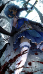 Rule 34 | 10s, 1girl, blood, blood on clothes, blood on face, blue eyes, blue hair, blurry, cape, cuts, depth of field, empty eyes, from below, gloves, grin, highres, injury, magical girl, mahou shoujo madoka magica, mahou shoujo madoka magica (anime), matching hair/eyes, miki sayaka, mutsuki (moonknives), navel, shaft (company), short hair, smile, solo, sword, teeth, thighhighs, torn cape, torn clothes, torn thighhighs, weapon, white gloves, white thighhighs, zettai ryouiki