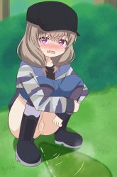 Rule 34 | 1girl, blush, brown hair, censored, clothes pull, fang, fizu, highres, looking at viewer, outdoors, panties, panty pull, peeing, puddle, purple eyes, pussy, shorts, shorts pull, skin fang, slow loop, solo, squatting, steam, underwear, yoshinaga koi