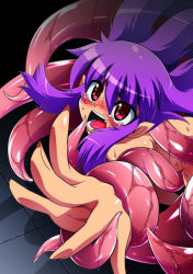 Rule 34 | 1girl, fang, nude, open mouth, outstretched hand, pink eyes, purple hair, shadow, solo, tears, tentacles, tsuna (al dente)