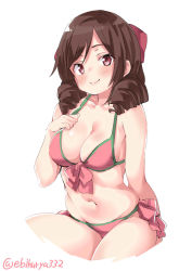 Rule 34 | 1girl, alternate costume, arm at side, bare legs, bare shoulders, bikini, bow, breasts, brown hair, cleavage, collarbone, cropped legs, drill hair, ebifurya, front-tie bikini top, front-tie top, groin, hair between eyes, hair bow, hand on own chest, harukaze (kancolle), highres, kantai collection, light smile, long hair, looking at viewer, medium breasts, navel, pink bikini, red bow, red eyes, shiny skin, side-tie bikini bottom, simple background, stomach, swimsuit, twin drills, twitter username, white background
