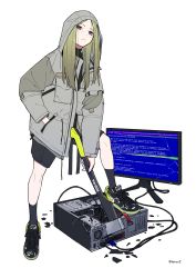 Rule 34 | 1girl, absurdres, black footwear, black shorts, blue screen of death, cable, coat, computer, female focus, freckles, frown, green hair, grey coat, hand in pocket, highres, holding, holding weapon, hood, hood up, hooded coat, long hair, machete, monitor, original, purple eyes, shoes, shorts, simple background, sneakers, socks, solo, tarou2, twitter username, weapon, white background