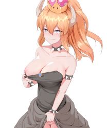Rule 34 | 1girl, absurdres, armlet, black collar, black dress, blonde hair, blue eyes, blush, bowsette, bracelet, breasts, cleavage, closed mouth, clothes lift, clothes pull, collar, collarbone, dress, dress lift, dress pull, fang, fang out, female pubic hair, hair between eyes, heart, heart-shaped pupils, highres, horns, jewelry, large breasts, lifted by self, long hair, looking at viewer, mario (series), naughty face, new super mario bros. u deluxe, nintendo, nipples, nose blush, ponytail, pubic hair, pulled by self, simple background, smile, solo, spiked armlet, spiked bracelet, spiked collar, spikes, strapless, strapless dress, super crown, sweat, symbol-shaped pupils, tiankong pie ai, white background