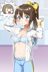 Rule 34 | 2girls, blue bra, blue eyes, blue hair, blue pants, blush, bow, bow bra, bra, breasts, brown hair, character name, cleavage, closed mouth, collarbone, cowboy shot, dress shirt, gradient hair, hair between eyes, hair bow, high ponytail, highres, long hair, long sleeves, looking at viewer, love live!, love live! nijigasaki high school idol club, medium breasts, multicolored hair, multiple girls, navel, open clothes, open mouth, open shirt, osaka shizuku, pants, ponytail, shaka (staito0515), shirt, solo focus, sweat, translation request, underwear, white shirt, yellow bow