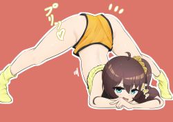 Rule 34 | 1girl, absurdres, ahoge, aqua eyes, ass, bad id, bad pixiv id, brown hair, commentary request, doyagao, flexible, hair ornament, hair scrunchie, highres, hololive, jack-o&#039; challenge, legs apart, looking at viewer, lunch boxer, nail polish, natsuiro matsuri, natsuiro matsuri (matsuri&#039;s day off), open mouth, orange background, orange shorts, scrunchie, short hair, short shorts, shorts, simple background, smile, smug, socks, solo, thick outlines, top-down bottom-up, virtual youtuber, yellow nails, yellow socks