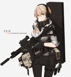Rule 34 | 1girl, assault rifle, blonde hair, blowing bubbles, chewing gum, chinese commentary, chinese robot kid, commentary request, ear protection, facial tattoo, gloves, gun, handgun, highres, holding, holding gun, holding weapon, holster, huge filesize, long hair, looking at viewer, original, p416, pistol, ponytail, rifle, simple background, solo, suppressor, tattoo, tom clancy&#039;s the division, weapon, yellow eyes
