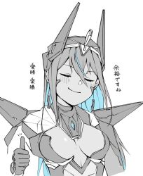 Rule 34 | arm armor, armor, armored leotard, blue hair, blush, breasts, cleavage, closed eyes, closed mouth, colored inner hair, eadgear, goddess of victory: nikke, greyscale, indivilia (nikke), long hair, medium breasts, monochrome, multicolored hair, shoulder armor, smile, spot color, thumbs up, toudou rapid 310