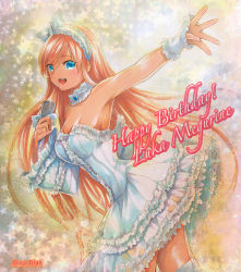 Rule 34 | 1girl, :d, armpits, blonde hair, blue eyes, bow, breasts, character name, choker, cleavage, collarbone, cowboy shot, detached sleeves, dress, floating hair, frilled sleeves, frills, full body, garter straps, hair between eyes, happy birthday, headdress, holding, holding microphone, large breasts, layered dress, long hair, long sleeves, marker (medium), mayo riyo, megurine luka, microphone, open mouth, shiny skin, short dress, sideboob, single sleeve, smile, solo, striped clothes, striped dress, thighhighs, traditional media, very long hair, vocaloid, white bow, white dress, white sleeves, white thighhighs