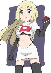Rule 34 | 1girl, alternate costume, black footwear, black gloves, blonde hair, blunt bangs, boots, closed mouth, commentary request, cosplay, cowboy shot, creatures (company), cropped jacket, elbow gloves, eyelashes, frown, game freak, gloves, green eyes, grey background, hainchu, hand up, highres, holding, holding poke ball, jacket, jessie (pokemon), jessie (pokemon) (cosplay), lillie (pokemon), logo, long hair, nintendo, poke ball, poke ball (basic), pokemon, pokemon (anime), pokemon sm (anime), shirt, sketch, solo, split mouth, team rocket, team rocket uniform, thigh boots, white jacket, white shirt