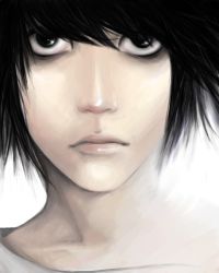 Rule 34 | 1boy, artist request, black eyes, black hair, death note, face, l (death note), looking at viewer, lowres, male focus, solo, source request, white background
