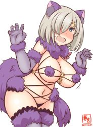 Rule 34 | 1girl, animal ears, artist logo, blue eyes, breasts, commentary request, cosplay, dated, elbow gloves, fate (series), fur-trimmed gloves, fur-trimmed legwear, fur collar, fur trim, gloves, hair over one eye, halloween, halloween costume, hamakaze (kancolle), kanon (kurogane knights), kantai collection, lace, lace-trimmed legwear, lace trim, large breasts, leaning forward, look-alike, mash kyrielight, mash kyrielight (cosplay), mash kyrielight (dangerous beast), mash kyrielight (dangerous beast) (cosplay), o-ring, o-ring top, official alternate costume, one-hour drawing challenge, purple gloves, purple thighhighs, revealing clothes, silver hair, simple background, solo, tail, thighhighs, white background, wolf ears, wolf girl, wolf tail