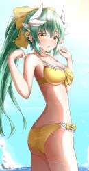 Rule 34 | 1girl, absurdres, ass, bikini, blue sky, blush, bow, breasts, chestnut mouth, cleavage, cloud, collarbone, day, dragon horns, fate/grand order, fate (series), green hair, hair between eyes, hair bow, hair ornament, hands up, high ponytail, highres, horizon, horns, kiyohime (fate), kiyohime (fate/grand order), kiyohime (swimsuit lancer) (fate), kiyohime (swimsuit lancer) (first ascension) (fate), large breasts, long hair, looking at viewer, moyoron, ocean, outdoors, parted lips, ponytail, sky, solo, swimsuit, very long hair, water, yellow bikini, yellow bow, yellow eyes