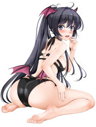 Rule 34 | 1girl, ahoge, ass, bare shoulders, barefoot, black eyes, black hair, blush, cameltoe, demon girl, embarrassed, feet, fingernails, from side, full body, halterneck, hand to own mouth, head wings, highres, leaning forward, lingerie, lips, long hair, looking back, low wings, original, ponytail, simple background, sitting, soles, toranoo, underwear, very long hair, white background, wings