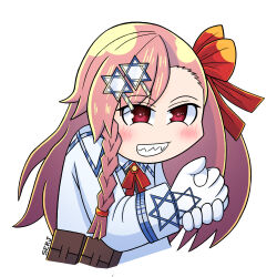 Rule 34 | 1girl, artist name, bow, girls&#039; frontline, gloves, grin, hair bow, hair ornament, hexagram, highres, israel, le happy merchant (meme), long hair, meme, negev (girls&#039; frontline), one side up, open mouth, palms together, pink hair, red bow, rubbing, rubbing hands together, serjatronic, simple background, smile, solo, star of david, white background, white gloves, zionism