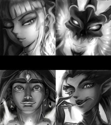 Rule 34 | 2boys, 2girls, :p, alonsword, annie (league of legends), chan qi (fireworkhouse), earrings, jewelry, league of legends, licking lips, long tongue, looking at viewer, monochrome, multiple boys, multiple girls, one eye closed, open mouth, pointy ears, sharp teeth, skull earrings, smile, taric, teeth, thresh (league of legends), tongue, tongue out, zyra