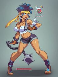 Rule 34 | 1girl, artist name, bare shoulders, blue eyes, blue hair, bolo (shantae), bottle, breasts, cleavage, dark-skinned female, dark skin, english text, eyelashes, female focus, flip-flops, full body, genderswap, genderswap (mtf), grey background, headband, holding, holding weapon, large breasts, looking at viewer, matching hair/eyes, midriff, navel, no nose, open mouth, patreon username, pink lips, sandals, shantae (series), shiny clothes, shiny skin, shirt, short shorts, shorts, sidelocks, solo, solo focus, spiked hair, standing, supersatanson, teeth, weapon, white shirt