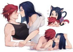 Rule 34 | 2girls, animal ears, bandaged arm, bandages, blue eyes, blue hair, caitlyn (league of legends), cat ears, cat girl, cat tail, closed eyes, eye contact, face-to-face, half-closed eyes, heart, highres, holding another&#039;s wrist, imminent kiss, kiss, kissing cheek, league of legends, looking at another, miix777, multiple girls, open mouth, parted lips, red hair, short hair, smile, tail, toned, twitter username, vi (league of legends), yuri