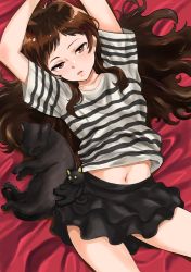 Rule 34 | 1girl, arms up, black skirt, brown eyes, brown hair, cat, highres, idolmaster, idolmaster million live!, kitazawa shiho, long hair, looking at viewer, navel, nekoi mie, parted lips, shirt, skirt, solo, striped clothes, striped shirt, stuffed animal, stuffed cat, stuffed toy