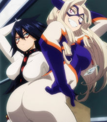 Rule 34 | 2girls, ass, black hair, blonde hair, blue eyes, bodysuit, boku no hero academia, breasts, domino mask, fake horns, hand on own hip, highres, horns, huge ass, midnight (boku no hero academia), large breasts, long hair, mask, midnight (boku no hero academia), mole, mole under eye, mount lady, multiple girls, pink eyes, screencap, skin tight, smile, stitched, mount lady, third-party edit