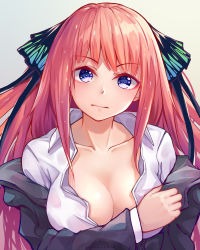 Rule 34 | 1girl, absurdres, black jacket, black ribbon, blue eyes, blunt bangs, breasts, breasts squeezed together, butterfly hair ornament, cleavage, collarbone, covering privates, covering breasts, go-toubun no hanayome, hair ornament, highres, hime cut, jacket, large breasts, long hair, long sleeves, looking at viewer, luojiwei, nakano nino, pink hair, ribbon, shirt, simple background, twintails, unbuttoned, unbuttoned shirt, uniform, white shirt