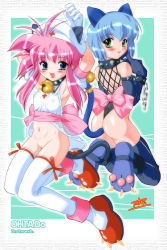 Rule 34 | 2girls, :d, anal, anal tail, animal ears, animal hands, antenna hair, arms up, ass, back, back-to-back, bell, beret, blue eyes, blue hair, blue thighhighs, blush, bottomless, bow, butt plug, cat ears, cat tail, chain, claws, collar, covered erect nipples, cuffs, detached sleeves, elbow gloves, fake animal ears, fake tail, fishnets, flat chest, gloves, green eyes, hat, jingle bell, leotard, long hair, multiple girls, navel, neck bell, no panties, nurse, object insertion, oota takeshi, open mouth, pink hair, pussy, ribbon, sash, see-through, sex toy, shiny skin, short hair, signature, smile, spiked collar, spikes, strap, tail, tail bell, tail ornament, thighhighs, thong leotard, uncensored, white legwear