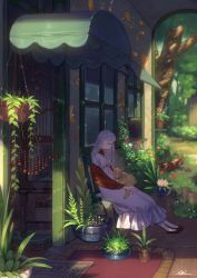 Rule 34 | 1girl, absurdres, aki a0623, animal, animal on lap, arch, awning, bead curtain, blurry, bush, cactus, chair, closed eyes, commentary request, crescent, day, depth of field, doormat, doorway, dress, flower, from side, goat, graffiti, hanging plant, highres, house, layered sleeves, long hair, long sleeves, on lap, original, outdoors, outstretched leg, pinafore dress, plant, potted plant, red flower, red shirt, rug, shade, shirt, shoes, short over long sleeves, short sleeves, silver hair, sitting, sleeveless dress, straight hair, sun symbol, sunlight, tile floor, tiles, tree, vines, white dress, window