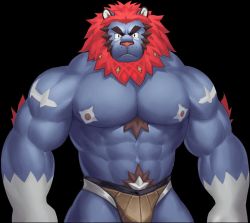 Rule 34 | 1boy, abs, artist request, bara, biceps, blue fur, brown hair, brown male swimwear, brown swim briefs, character request, feet out of frame, frown, furry, furry male, gyee, large pectorals, lion boy, looking at viewer, male focus, male swimwear, manly, mature male, muscular, muscular male, nipples, non-web source, official alternate costume, official art, osiris (gyee), pectorals, pubic hair, red hair, solo, swim briefs, swimsuit, thick arms, thick eyebrows, transparent background