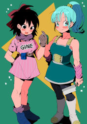 Rule 34 | 2girls, ankle boots, arm at side, arm behind back, armor, bare arms, belt, black eyes, black hair, black legwear, blue eyes, blue footwear, blue hair, blunt bangs, blush stickers, boots, brown belt, brown gloves, bulma, butcher knife, character name, closed mouth, clothes writing, collarbone, cosplay, costume switch, dragon ball, dragon ball (classic), dragon ball minus, dragon ball super, dragon ball super broly, dragon radar, dress, eyelashes, facing viewer, fanny pack, full body, gine, gloves, green background, green skirt, hair between eyes, hair ribbon, hair strand, hair tubes, hand on own hip, hand up, high ponytail, highres, holding, kachu, knee boots, knife, legs together, loose socks, medium hair, messy hair, multiple girls, open mouth, pantyhose, pink dress, pink wristband, ponytail, purple legwear, purple neckwear, purple scarf, red ribbon, ribbon, saiyan armor, scarf, shadow, short dress, side-by-side, sidelighting, sideways glance, simple background, skirt, smile, socks, standing, star (symbol), starry background, striped clothes, striped dress, tareme, triangle, tsurime, vertical-striped clothes, vertical-striped dress, white footwear, wristband