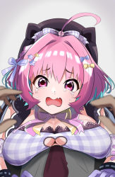 Rule 34 | 1boy, 1girl, absurdres, ahoge, black headwear, blue hair, blurry, blurry foreground, bow, breast press, breasts, cleavage, cleavage cutout, clothing cutout, commentary, crying, crying with eyes open, dot nose, dress, fang, foreshortening, from above, gloves, hair bow, hair intakes, hair ornament, hair ribbon, hat, heart cutout, highres, idolmaster, idolmaster cinderella girls, idolmaster cinderella girls starlight stage, large breasts, looking at viewer, mitche, multicolored hair, necktie, official alternate costume, open mouth, pink eyes, pink hair, plaid, plaid dress, pov, purple dress, raised eyebrows, ribbon, sleeveless, sleeveless dress, solo focus, star (symbol), star hair ornament, tears, tongue, two-tone hair, wavy mouth, yellow bow, yumemi riamu