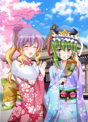 Rule 34 | &gt;:o, 2girls, :o, ^ ^, alternate costume, alternate hairstyle, architecture, blonde hair, blue eyes, blush, calligraphy brush, cherry blossoms, closed eyes, cowboy shot, drawing on another&#039;s face, east asian architecture, floral print, flower, gradient hair, green hair, hagoita, hair flower, hair ornament, hat, hijiri byakuren, japanese clothes, kimono, long hair, long sleeves, looking at another, multicolored hair, multiple girls, new year, obi, ougi (ihayasaka), paddle, paintbrush, parted lips, ponytail, purple hair, sash, shiki eiki, sidelocks, touhou, v-shaped eyebrows, wide sleeves