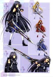 Rule 34 | 1girl, absurdres, black hair, blue eyes, character sheet, detached sleeves, dress, elbow gloves, full body, gloves, headdress, highres, holding, holding weapon, lolita fashion, long hair, looking at viewer, multiple views, nishina mikoto, non-web source, phantom breaker, shoes, simple background, standing, suzuhira hiro, sword, thighhighs, weapon, white thighhighs