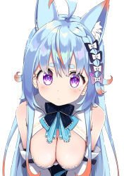 1girl animal_ears armpits bell blue_hair bow breasts fox_ears fox_girl fox_tail highres large_breasts long_hair looking_at_viewer makoto_(bk69and7) mole mole_under_eye purple_eyes sakuma_nemu sakuma_nemu_channel simple_background skirt solo tail thighhighs virtual_youtuber