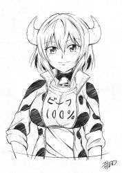 Rule 34 | 1girl, absurdres, bad id, bad twitter id, bell, blush, breasts, choker, collarbone, cow girl, cow horns, greyscale, hair between eyes, highres, horns, jacket, jashin-chan dropkick, large breasts, looking at viewer, minos (jashin-chan dropkick), monochrome, neck bell, short hair, signature, sleeves rolled up, smile, solo, upper body, yuuki shushu