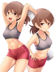 Rule 34 | 1girl, abs, arms behind head, arms up, ball, breasts, brown eyes, brown hair, closed mouth, collarbone, commission, cowboy shot, female focus, girls und panzer, grey sports bra, hand on own hip, highres, holding, holding ball, kawanishi shinobu, kitayama miuki, medium breasts, multiple views, navel, open mouth, playing sports, red shorts, short hair, shorts, simple background, skeb commission, smile, sports bra, teeth, upper teeth only, volleyball, volleyball (object), white background