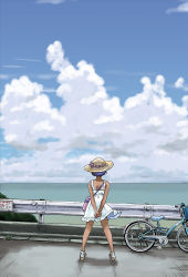 Rule 34 | 1girl, arms behind back, back, bag, bare arms, bare legs, bare shoulders, basket, bicycle, blue hair, blue sky, cloud, day, dress, from behind, guard rail, hat, hat ribbon, highres, horizon, kurayami joe, legs apart, nape, no socks, ocean, original, outdoors, own hands together, pavement, ribbon, road, shoes, shoulder bag, sign, sky, sleeveless, sleeveless dress, solo, standing, striped ribbon, sundress, tan, white dress, white footwear, wide shot, wind