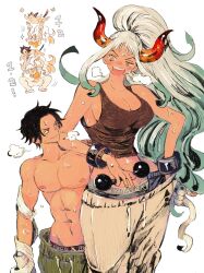 Rule 34 | 1boy, 1girl, aqua hair, arm tattoo, baggy pants, bandaged arm, bandaged fingers, bandages, barefoot, black eyes, black hair, black horns, blush, boxers, breasts, brown tank top, character name, chibi, cleavage, closed eyes, closed mouth, cowboy shot, cuffs, drawstring, dumbbell, elbow on another&#039;s shoulder, exercising, gradient hair, gradient horns, green pants, half-closed eye, happy, heavy breathing, height difference, highres, horns, large breasts, lifting person, long hair, looking at another, looking down, looking up, makenevemoiine, male underwear, motion lines, multicolored hair, multicolored horns, muscular, nose blush, one piece, open mouth, orange horns, pants, portgas d. ace, red horns, round teeth, shackles, short hair, sidelocks, simple background, smile, smug, solid circle eyes, sparkle, spiked hair, squatting, talking, tall, tall female, tank top, tattoo, teeth, toned, toned male, tossing, track pants, underwear, vanilla, very long hair, white background, white hair, workout clothes, yamato (one piece), yellow eyes