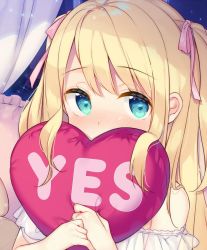 Rule 34 | 1girl, aqua eyes, bekotarou, blonde hair, blush, commentary request, covered mouth, hair ribbon, looking at viewer, hugging object, original, pillow, pillow hug, pink ribbon, ribbon, solo, yes, yes-no pillow