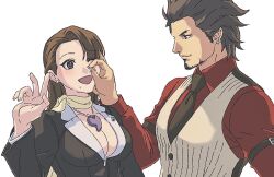 Rule 34 | 1boy, 1girl, ace attorney, beard, black eyes, black jacket, black necktie, breasts, brown eyes, brown hair, brown vest, cleavage, closed mouth, collared shirt, diego armando, earrings, facial hair, hand up, highres, jacket, jewelry, large breasts, lcageki, long hair, long sleeves, magatama, magatama necklace, mia fey, mole, mole under mouth, necklace, necktie, open mouth, phoenix wright: ace attorney - trials and tribulations, profile, red shirt, rice, scarf, shirt, short hair, simple background, smile, upper body, vest, white background, yellow scarf