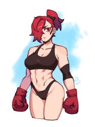 Rule 34 | 1girl, bare shoulders, boxing gloves, breasts, cleavage, collarbone, commentary, cropped legs, difman, english commentary, groin, hair over one eye, highres, looking at viewer, medium breasts, navel, original, parted lips, ponytail, red eyes, red hair, solo