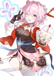 Rule 34 | 1girl, bell, belt, black dress, blue belt, bubble tea, chinese clothes, dress, earrings, ebitendon, fingerless gloves, gloves, hair ornament, hairpin, high belt, highres, honkai: star rail, honkai (series), jacket, jewelry, jingle bell, march 7th (honkai: star rail), march 7th (hunt) (honkai: star rail), medium hair, official alternate costume, official alternate hairstyle, peach blossom, pink pupils, red jacket, short-sleeved jacket, short sleeves, shuangyaji, single earring, solo, two-tone eyes