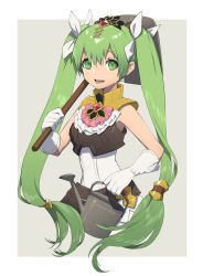Rule 34 | 1girl, :d, frey (rune factory), gloves, green eyes, green hair, green pupils, hair between eyes, hair ribbon, hand up, highres, hoe, holding, holding hoe, holding watering can, long hair, open mouth, over shoulder, pouch, puchiman, ribbon, ringed eyes, rune factory, rune factory 4, sleeveless, smile, solo, teeth, twintails, watering can, white gloves, white ribbon