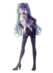 Rule 34 | 1girl, absurdres, agitation (module), aqua hair, black gloves, black skirt, blouse, blunt bangs, boots, commentary, full body, gloves, hair ornament, hands on own hips, haruta (user dndp3458), hatsune miku, headphones, heart, heart print, high heels, highres, jacket, long hair, looking at viewer, miniskirt, multicolored clothes, multicolored jacket, project diva (series), shirt, skirt, solo, standing, thigh boots, thighhighs, twintails, two-tone jacket, unhappy refrain (vocaloid), uniform, very long hair, vocaloid, white background, white shirt, yellow eyes