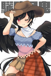 Rule 34 | 1girl, arm up, bandana, bare shoulders, black hair, black wings, blue shirt, brown hat, brown skirt, character name, commentary request, cowboy hat, cowboy shot, feathered wings, grin, hand on headwear, hand on own hip, hat, highres, kurokoma saki, long hair, looking at viewer, off-shoulder shirt, off shoulder, one eye closed, ougi hina, plaid, puffy short sleeves, puffy sleeves, red eyes, shirt, short sleeves, simple background, skirt, smile, solo, tail, touhou, translation request, very long hair, white background, wings