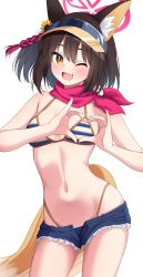 Rule 34 | 1girl, animal ears, bare shoulders, bikini, blue archive, blush, brown hair, flower, hair ornament, hat, hat flower, heart, heart hands, highres, izuna (blue archive), izuna (swimsuit) (blue archive), looking at viewer, navel, one eye closed, open mouth, short shorts, shorts, simple background, smile, swimsuit, syurimp, tail, yellow eyes, yellow hat