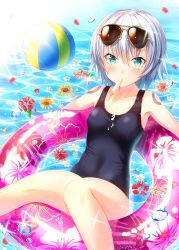 Rule 34 | 1girl, afloat, ball, beachball, blush, breasts, eyewear on head, fate/apocrypha, fate (series), flower, food, green eyes, highres, jack the ripper (fate/apocrypha), looking at viewer, melting, popsicle, scar, school swimsuit, short hair, silver hair, small breasts, solo, sunglasses, sunlight, sunsuke, swimsuit