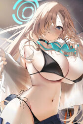 Rule 34 | 1girl, asuna (blue archive), bikini, black bikini, black choker, black skirt, blue archive, blue bow, blue bowtie, blue eyes, blue halo, blue nails, blush, bow, bowtie, breasts, choker, clothes pull, collarbone, cowboy shot, fingernails, grin, groin, hair over one eye, halo, highres, large breasts, light brown hair, long hair, looking at viewer, nail polish, navel, nidaime (doronbo), pleated skirt, shirt, side-tie bikini bottom, skirt, skirt pull, smile, solo, swimsuit, white shirt
