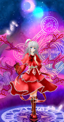 Rule 34 | 1girl, absurdres, ahoge, bell, blue eyes, book, boots, bug, butterfly, capelet, cirnumia, clenched hand, crescent moon, cross, cross-laced footwear, dress, female focus, frilled dress, frills, full body, gradient background, grimoire, hair bell, hair ornament, hand on own chest, head tilt, hexagram, highres, insect, inverted cross, knee boots, layered dress, magic circle, moon, ribbon, roman numeral, shinki (touhou), side ponytail, smile, solo, standing, touhou, touhou (pc-98), white hair, wings